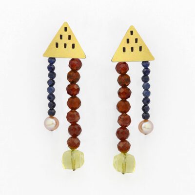 18K Over Oxidized Silver Triangle Earrings With Assorted Stones