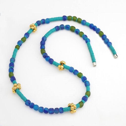 23K Gold Vermeil "Varga Clover Bead" Neck With Blue-Green Glass and Clay Beads
