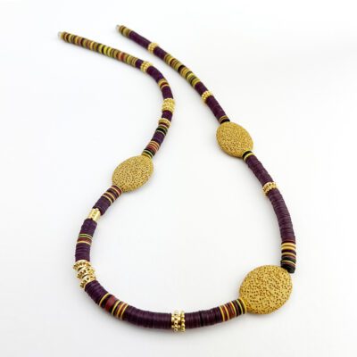 24k Vermeil Etruscan, Lava & Maroon Vinyl "Phono Record Bead" Necklace.